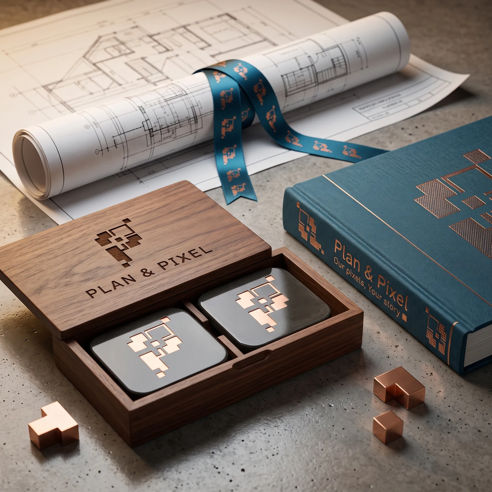 Walnut box with an engraved Plan & Pixels logo, a rolled drawing and a teal book on concrete