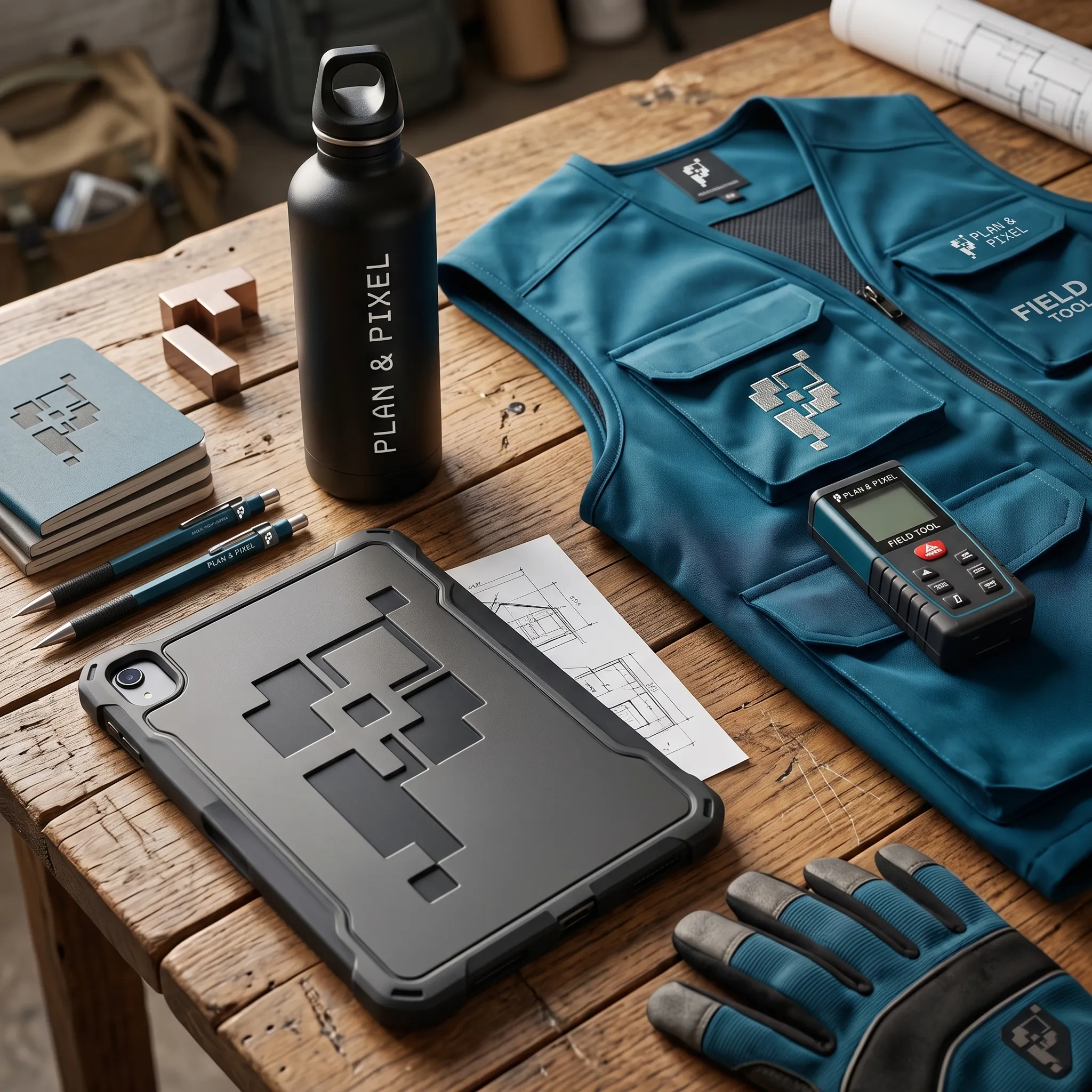 Site-visit kit laid out on a wooden table: vest, tablet, laser measure, gloves and notebooks