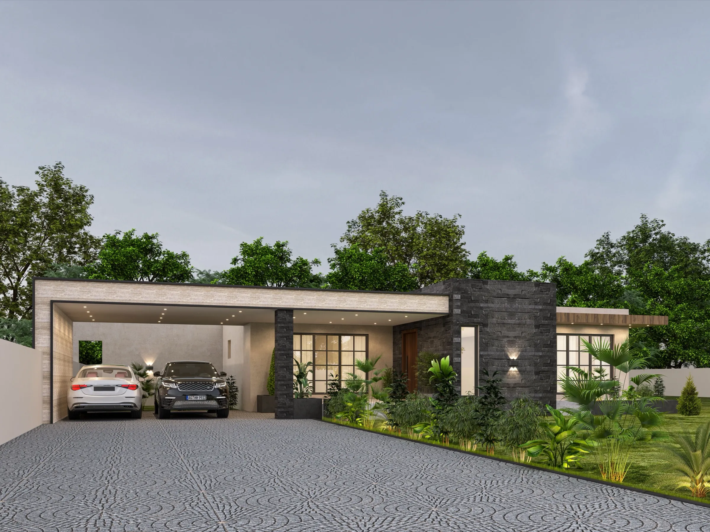 Rendered single-storey house with carport and landscaping